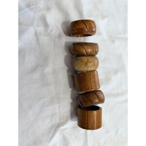 Set Of 6 Wooden Napkin Rings With Carved Designs Rustic Brown Tones Handmade Boh